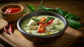 Thai Food Photography of Chicken Green Curry Bowl and Red Sauce on Wooden Table. Generative AI Technology. photo