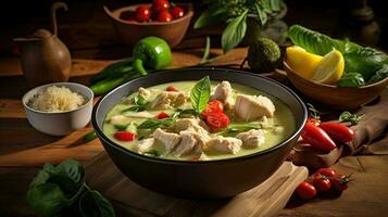 Thai Food Photography of Chicken Green Curry in Bamboo or Ceramic Bowl, Vegetable Ingredients on Wooden Table. Generative AI Technology. photo