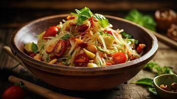 Thai-Style, Green Papaya Salad in Bamboo or Ceramic Bowl and Fresh Ingredients on Wooden Table. Food Photography, Technology. photo