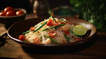 estilo Thai, verde papaya ensalada en bambú o cerámico cuenco y Fresco ingredientes en de madera mesa. comida fotografía, generativo ai tecnología. foto