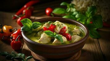 Thai Food Photography of Chicken Green Curry in Bamboo or Ceramic Bowl, Vegetable Ingredients on Wooden Table. Generative AI Technology. photo