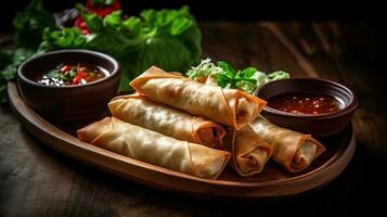 Closeup Shots of Thai Spring Rolls, Salad and Sauce in a Rustic Wooden Plate. Generative AI. photo