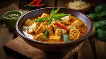 Thai Tradition Dish Image of Panang Curry Bowl on Rustic Wooden Table. Generative AI. photo