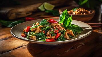 Food Photography of Spicy Thai Basil Chicken on Plate at Wooden Table. Generative AI Technology. photo