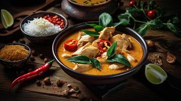 Highlight Image of Thai Red Curry Dish Bowl with Rice and Salad on Rustic Table. . photo