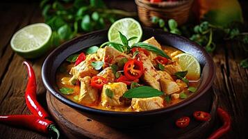 Highlight Image of Thai Red Curry Dish Bowl and Salad on Rustic Table. . photo