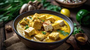 Thai Food Closeup Image of Yellow Curry Dish Bowl with Ingredients on Rustic Table. Generative AI. photo