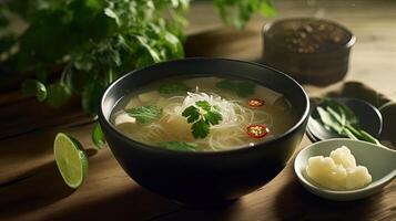 Closeup Shots of Thai Tom Jued Clear Soup in a Bowl on Rustic Wooden Table. Generative AI. photo