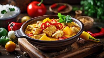 Thai Food Closeup Image of Yellow Curry Dish Bowl with Ingredients on Rustic Table. . photo