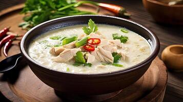 Closeup Shots of Thai Chicken Soup Tom Kha Gai in a Bow on Rustic Wooden Table. Generative AI. photo