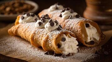 Italian Food Closeup Shots of Fresh Sugar and Chocolate Chips Topping Cannoli Serving Plate on a Rustic Table. . photo