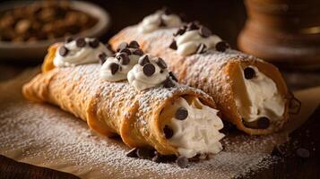 Italian Food Closeup Shots of Fresh Sugar and Chocolate Chips Topping Cannoli Serving Plate on a Rustic Table. Generative AI. photo