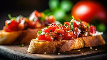 Italian Food Closeup of Freshly Baked Bruschetta on Rustic Table. Generative AI. photo