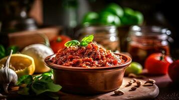 Italian Food Image of Typically Bolognese Sauce Bowl with Ingredients on A Rustic Wooden Table. Generative AI. photo