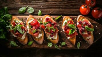 Italian Food Top View of Freshly Baked Bruschetta with Tomatoes and Basil on Rustic Table. Generative AI. photo