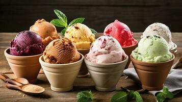 Selection of Vibrant Colors, Flavors Gourmet Italian Ice cream Served in Cups on Rustic Wooden Table. Generative AI. photo