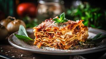 Italian Food Closeup Shots of A Gourmet Lasagna Thin Crust Topping Cheese and Basil on Table. . photo