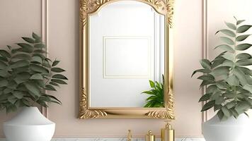 Renovated Bathroom with a Vanity Cabinet, Golden Frame Mirror with a View to Front Wall, Plants Pots Against Wall Paneling. Generative AI. photo