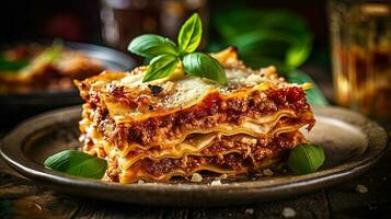 Italian Food Closeup Shots of A Gourmet Lasagna Thin Crust Topping Cheese and Basil on Table. Generative AI. photo