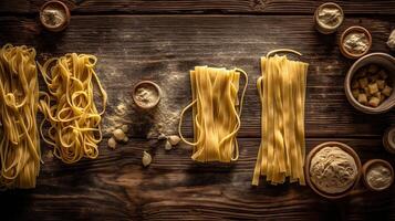 italiano comida fotografía de sin cocer tagliatelle pasta con blanco harina bochas en rústico de madera mesa cima. generativo ai tecnología. foto