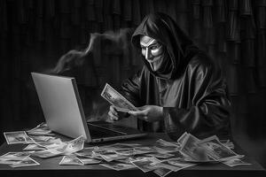 Black and White Photography of Anonymous Hacker Holding Ancient Paper Currency and Laptop on Table. Generative AI Technology. photo