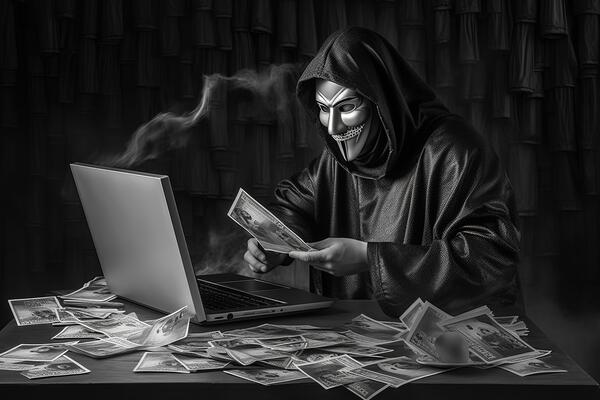 Black and White Photography of Anonymous Hacker Holding Ancient Paper Currency and Laptop on Table. Technology.