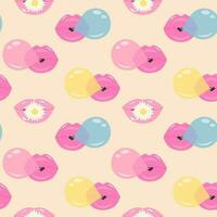 Lips with gum bubble and daisy seamless pattern. Cute pastel background. Vintage trendy y2k wrapping paper. vector