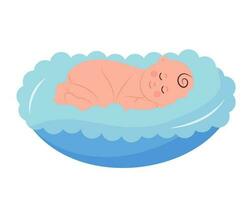 A newborn baby sleeping in a soft cradle. Baby bedtime. Flat cartoon vector illustration.