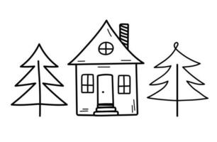 Cute tiny house with fir trees in doodle style. Sweet home. Vector hand-drawn illustration isolated on white background.