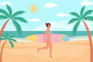 mujer en traje de baño con tabla de surf caminando en el playa. tropical palmas alrededor. Hora de verano, marina, activo deporte, surf, vacaciones concepto. plano dibujos animados vector ilustración.