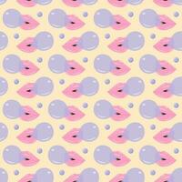 Lips blowing bubble gum seamless pattern on beige pastel background. Cute print. Trendy wrapping paper. vector