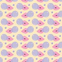 Lips blowing bubble gum seamless pattern on beige pastel background. Cute print. Trendy wrapping paper. vector