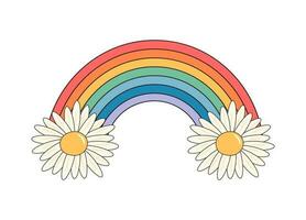 Hippie rainbow with daisies. Groovy retro psychedelic cartoon element. Vector illustration isolated on white background.