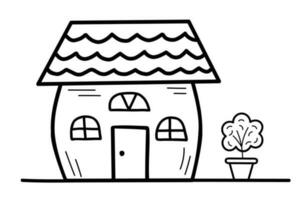 Cute tiny house with tree in a pot in doodle style. Sweet home. Vector hand-drawn illustration isolated on white background.