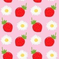 Strawberry and daisy seamless pattern on pink background. Cute summer print. vector