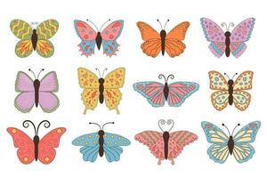 Groovy retro butterfly set in 60s 70s style. Hippie Boho Summer colorful butterflies print collection. Linear color vector illustration.