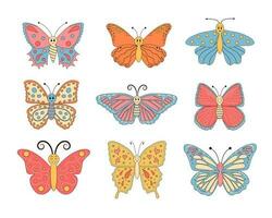 maravilloso retro dibujos animados mariposa conjunto en 60s 70s estilo. hippie boho verano mariposa caracteres impresión recopilación. vector