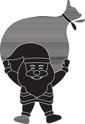 Santa Claus Lifting A Heavy Sack Icon in black and white Color.