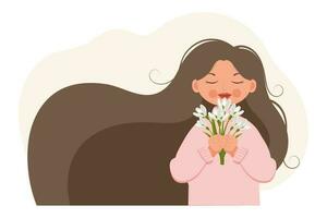 Cute girl with a bouquet of snowdrops, spring illustration in a flat style. Postcard, banner, vector