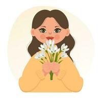 Cute girl with a bouquet of snowdrops, spring illustration in a flat style. Postcard, banner, vector