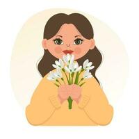 Cute girl with a bouquet of snowdrops, spring illustration in a flat style. Postcard, banner, vector