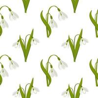 Seamless pattern, spring flowers of snowdrops on a light background. Print, floral background, textile, vector