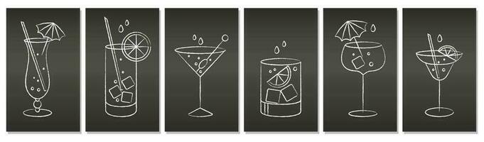 Set of white grunge drawings of refreshing cocktails with ice cubes, straws and umbrellas on a dark background. Drink icons, cafe menu, vector