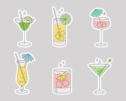 Set of stickers with refreshing fruit cocktails with various drinks, ice cubes, straws and umbrellas. Drink icons, cafe menu, vector