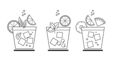 Set of line drawings of refreshing cocktails with ice cubes, straws and umbrellas on a white background. Drink icons, cafe menu, vector