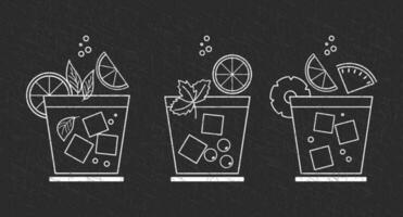 Set of white grunge drawings of refreshing cocktails with ice cubes, straws and umbrellas on a dark background. Drink icons, cafe menu, vector