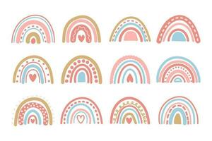 Set of doodles, hand drawn rainbows in retro boho style. Baby stickers, scrapbook icons. Minimal abstract art. Vector