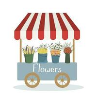 Street stall shop with spring wildflowers. illustration, vector