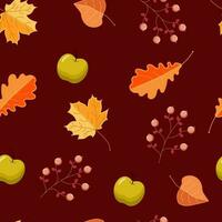 Autumn pattern with leaves, apples and berries . Vector illustration.