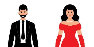 Man and woman. Man in evening suit. Man in black tuxedo. Woman in red dress. Woman in evening dress. Vector illustration.